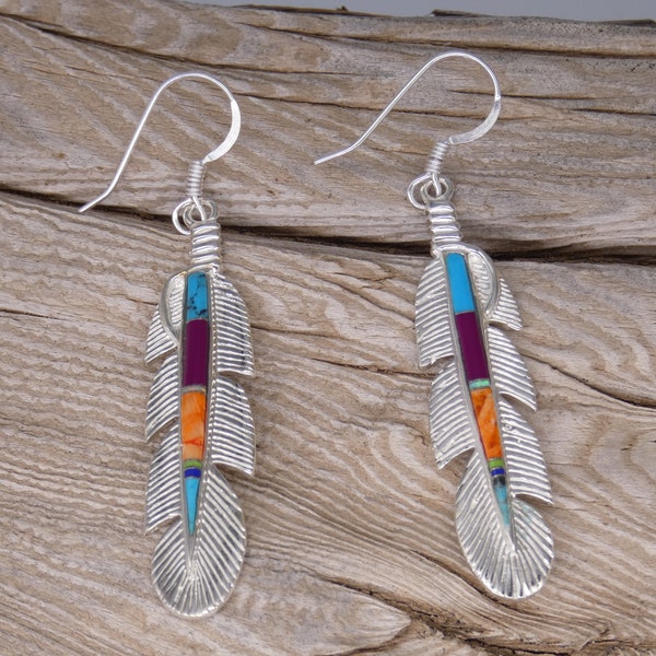 Southwest Handmade Feather Sterling Silver Vibrant Mixed Gem Stones and Opal Earrings Handcrafted In the USA New Free Shipping in USA