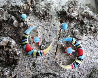 Crescent Moon With Hanging Stars Handmade Multi Gemstone Fire Opal Micro Inlay Sterling Silver 925 Post Earrings Free Shipping Gift Box R82