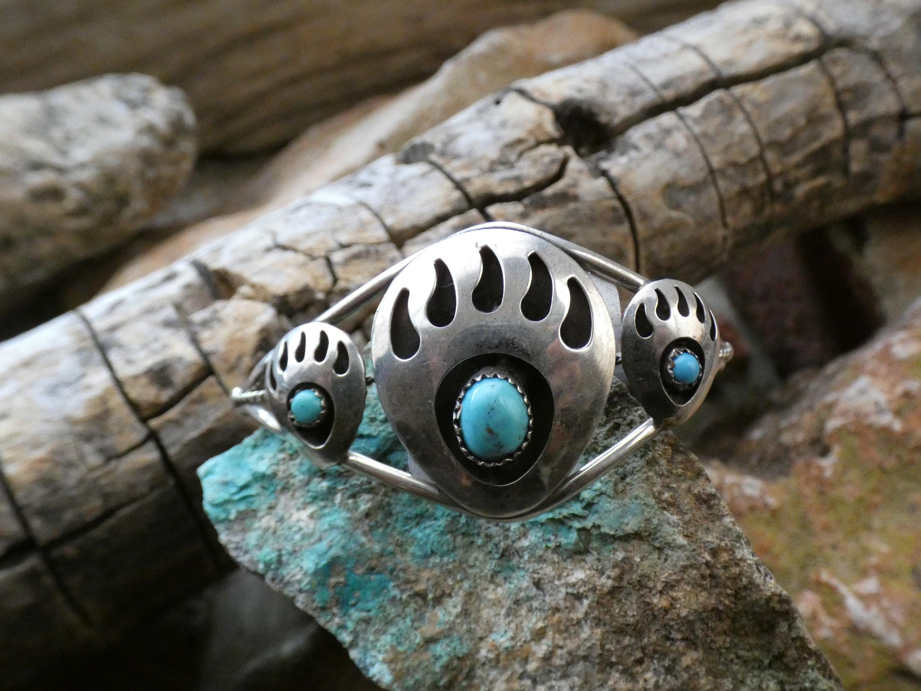 Native American Navajo Bear Paw Turquoise & Sterling Silver 925 