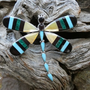 Dragonfly Handcrafted Zuni Made Artist Signed Multi Gemstone Sterling Silver 925 Pin Brooch Pendant Two Uses For One Low Price FREE Ship H29