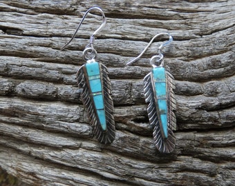 Turquoise Gemstone White Opal Handcrafted Petite Feather Earrings Southwestern Western Sterling Silver 925 Free Shipping Gift Bag NEW M37