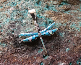 Dragonfly Sterling Silver 925 Beautiful Blue Turquoise & Opal Gemstone Inlayed Petite Pendant Handcrafted In USA Fast Free Shipping NEW S58