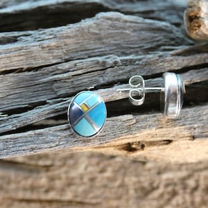 Nice Blue Multi Gemstone Mix Handcrafted Southwestern Sterling Silver 925 7mm Oval Bezel Set Stud Post Earrings Free Shipping Gift Bag  Y76