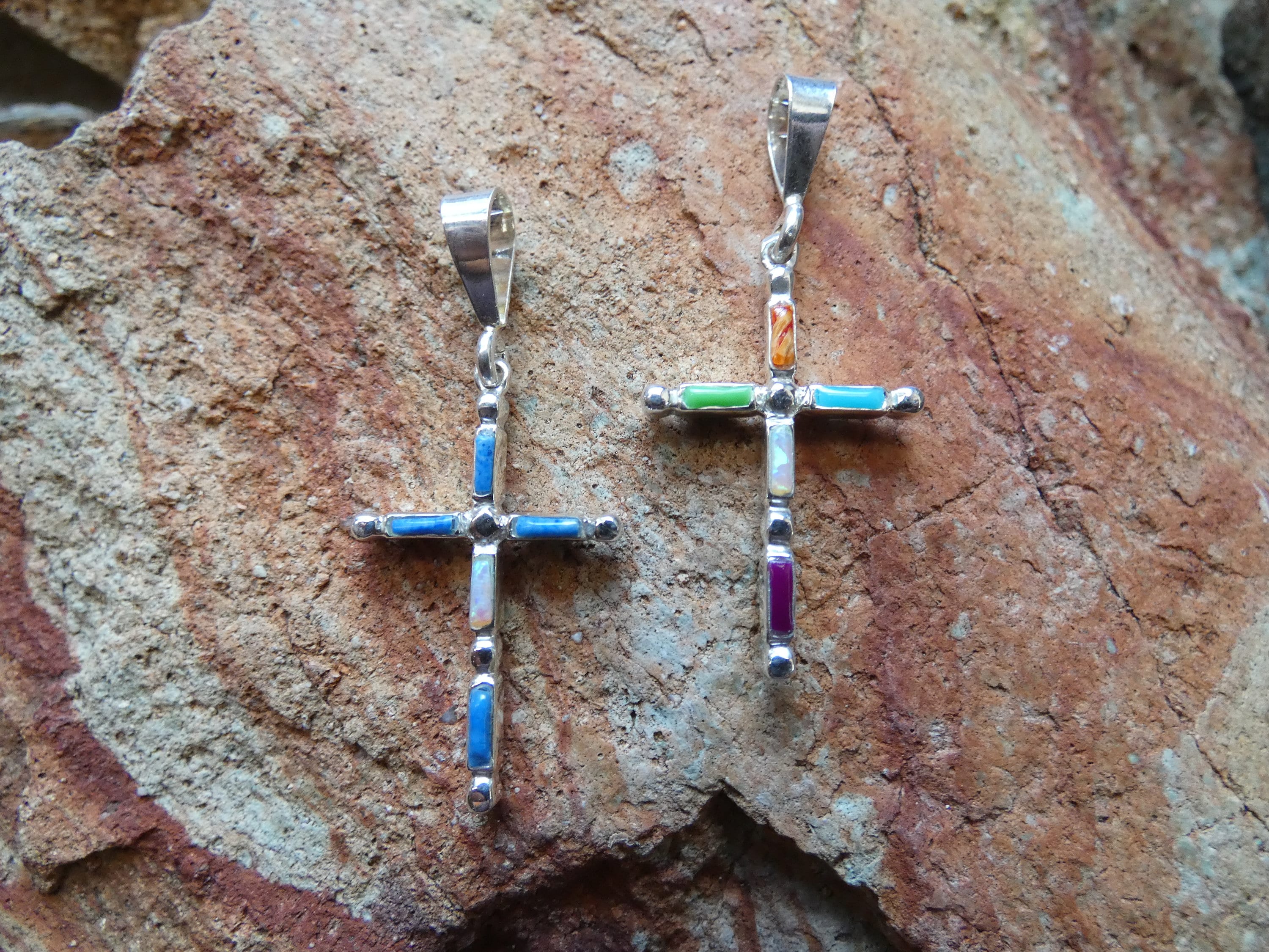 Cross Religious Double Sided Pendant TWO Looks for one low price! Sterling Silver Mixed Gemstone & Denim Lapis, Opal Handcrafted New P68