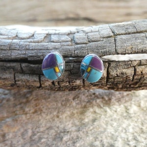 Nice Handcrafted Southwestern Sterling Silver 925 Oval Bezel Set Colorful Multi Gemstone Stud Earrings Free Gift Bag Free Shipping W97