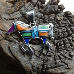 Horse Pony Stallion Southwestern Western Sterling Silver 925 Colorful Multi Gemstone & Opal Unisex Pendant Free Shipping Gift Bag NEW G49