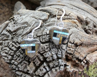 Tiger's Eye, Black Onyx With Opal Handcrafted Heart Earrings Sterling Silver 925 On French Wire Hooks Free Shipping FREE Gift Bag NEW Y41
