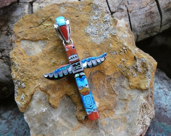Totem Pole Cross Micro Inlayed Very Detailed With Faces Multi Gemstone Sterling Silver 925 Handcrafted pendant Free Shipping Gift Bag R8