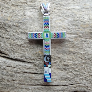 Cruz de mosaico con microincrustaciones hecha a mano, muy detallada, tamaño grande, hermosa, colgante de plata de ley 925 con múltiples piedras preciosas, envío gratis, NUEVO Y25
