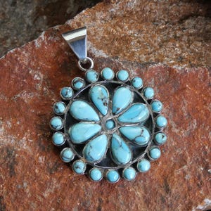 Nice Large Size Turquoise Gemstone Round Flower Pendant Southwestern Western Unisex Sterling Silver 925 Handmade Free Shipping Gift Bag AW81