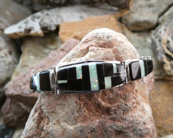 Nice Graduated Black Onyx & White Opal Multi Gemstone Hinged 7.75" Bracelet Sterling Silver 925 Toggle Clasp Free Shipping Gift Box AE10