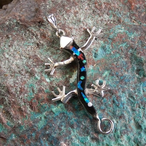 May include: A silver lizard pendant with a black body and colorful accents of blue, red, and white. The lizard has detailed legs and a loop for a chain. The pendant is displayed on a textured, green and brown surface.