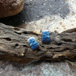 May include: A pair of silver-toned stud earrings with a geometric design. Each earring features a rectangular shape with a blue inlay and black lines, set against a natural wood background. The earrings are a striking accessory.