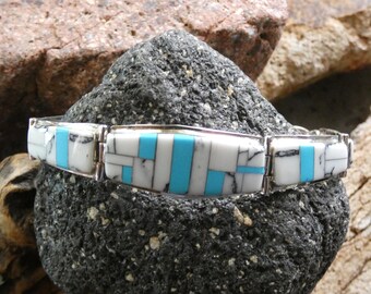 Buffalo Turquoise & Blue Turquoise Gemstone Mix Graduated Hinged 7.50" Bracelet Sterling Silver 925 Toggle Clasp Free Shipping Gift Box AE7
