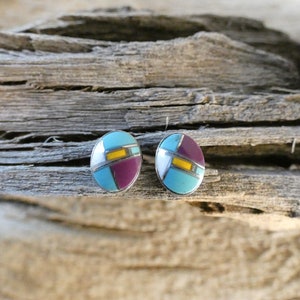 Purple Turquoise Yellow Multi Gemstone Southwestern Sterling Silver 925 7mm Oval Bezel Set Stud Post Earrings Free Shipping Gift Bag NEW Y75