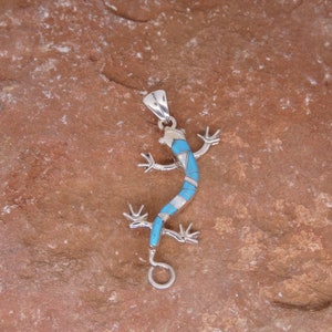 Lizard Gecko Southwestern Sterling Silver 925 Turquoise Gemstone & Opal Inlayed Southwest Pendant NEW Free Gift Bag and Shipping in USA J12
