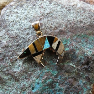 Southwestern Native American Inspired Bear Unisex Pendant BRONZE Tiger's Eye Onyx & Opal Beautiful Color Free Shipping Gift Bag BE46