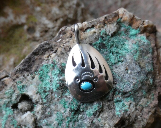 Navajo Shadowbox Bear Paw Turquoise & Sterling Silver 925 Handcrafted ...