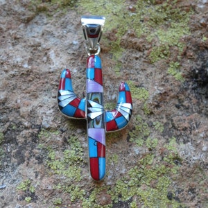 Saguaro Cactus Colorful Vibrant Micro Inlay Multi Gemstone Mix Sterling Silver 925 Handcrafted Unisex Pendant Free Shipping Gift Box  B93