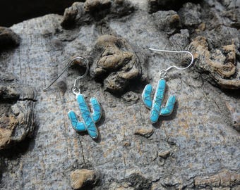 Saguaro Cactus Sterling Silver 925 Lovely Blue Turquoise Gemstone And Opal Southwestern Earrings Handcrafted In The USA NEW Free Shipping