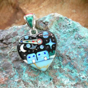 Awesome Vintage Native American Navajo Inlay Tiger Eye Pueblo Cosmic Scene Silver Necklace Awesome Vintage Native American Navajo Inlay Tiger Eye Pueblo Cosmic Scene Silver Necklace