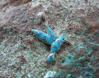 Hummingbird Southwestern Sterling Silver Turquoise & Opal Gemstone Inlayed Pendant Made In USA Free Shipping in USA Free Gift Bag NEW U23