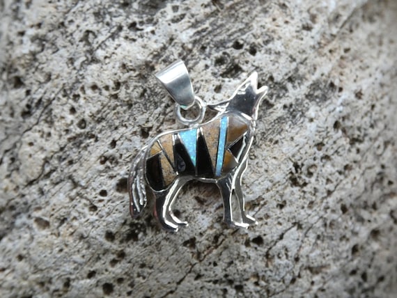 Howling Wolf Dog Coyote Sterling Silver 925 Beautifully Handcrafted Tiger's Eye Gemstone & Opal Unisex Pendant Made In USA Free Shipping P71