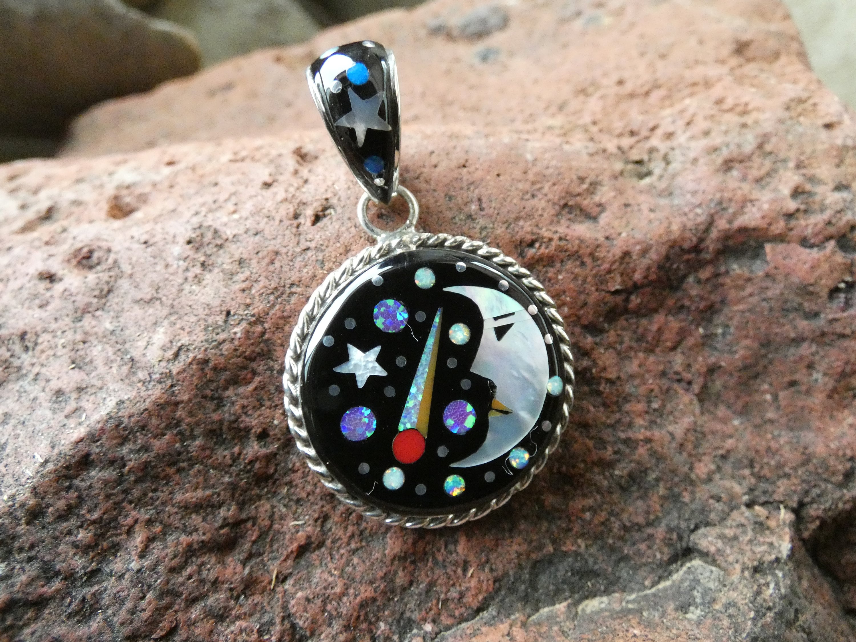 三日月 銀河 夜空 星 手作り マルチジェムストーン & ファイアー