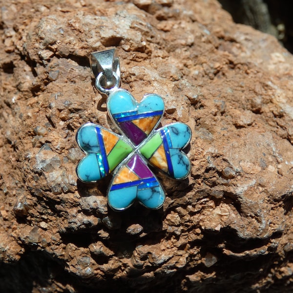 Four Leaf Clover Love And Luck Unique Colorful Multi Gemstone & Opal Southwestern Pendant Handcrafted In USA Free Gift Bag Free Shipping G38