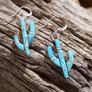 Saguaro Cactus Sterling Silver 925 Beautiful Turquoise Gemstone Highlighted With Opal Southwestern Earrings Handcrafted Free Shipping NEW U1