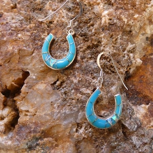 Lucky Horseshoe Southwestern Western Sterling Silver 925 Turquoise Gemstone & Opal Inlayed Earrings Handcrafted In USA Free Shipping T29