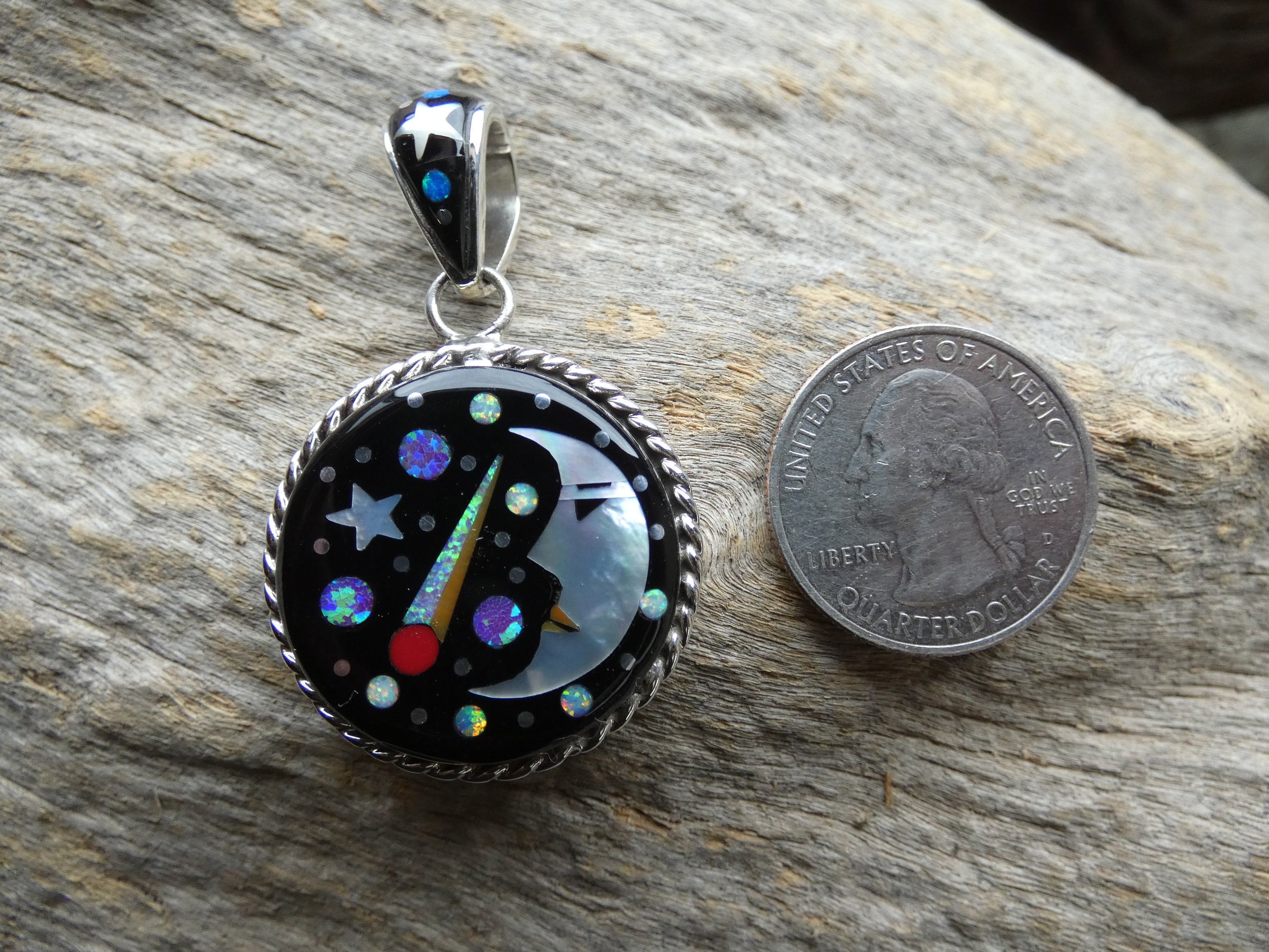 三日月 銀河 夜空 星 手作り マルチジェムストーン & ファイアー