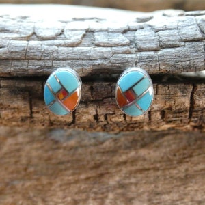 Oval Bezel Set Colorful Multi Gemstone Stud Earrings 7mm Nice Handcrafted Southwestern Sterling Silver 925 Free Gift Bag Free Shipping  Y4