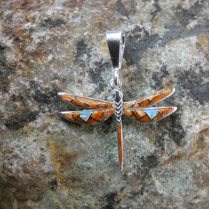 Spiny Oyster & Opal Beautiful Petite Dragonfly Pendant Sterling Silver 925 Southwestern Handcrafted In USA Free Shipping Gift Bag NEW T34