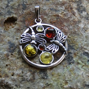 Dragonfly Multi Color Brown Yellow Green Amber Gemstone Sterling Silver 925 Pendant Handcrafted Free Shipping In USA Gift Bag Included H77