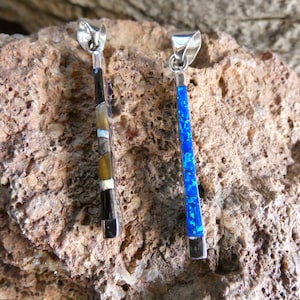 Tiger&#39;s Eye & Blue Opal Inlayed Double Sided Petite Bar Pendant Southwest Sterling Silver 925 Two Looks One Low Price! Free Ship NEW W56