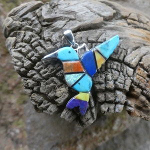 Multicolored Gemstone Mix Hummingbird Sterling Silver 925 Handcrafted Southwestern Nice Size Pendant Free Shipping Gift Bag Great Gift I48