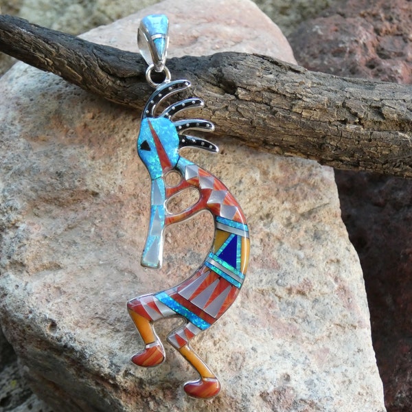 Kokopelli Southwestern Colorful Multi Gemstone Fire Opal Micro Inlay Set In Sterling Silver 925 Handcrafted Pendant Free Ship Gift Box R42