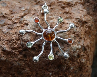 Unique Sun Design Handcrafted Multicolor Amber Gemstones Sterling Silver 925 Pendant Nice Size Free Shipping In USA Gift Bag NEW H95