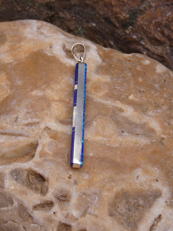 Sterling Silver 925 Green Gaspeite and Blue Opal Inlayed Double Sided Bar Pendant Two Looks One Low Price Free Shipping Free Gift Bag S88