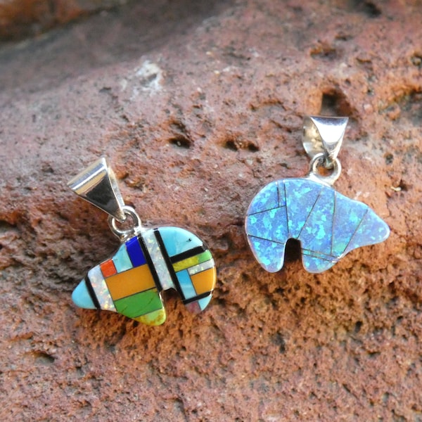 Double Sided Native American Bear Symbol Sterling Silver Colorful Multi Gemstone & Blue Opal Handmade Pendant Two Looks One Low Price V19-A