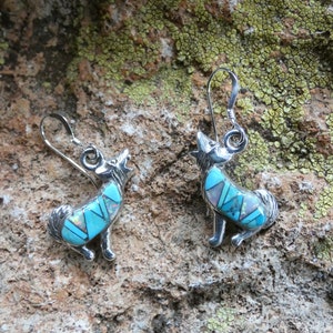Handcrafted Sitting Howling Wolf Dog Coyote Sterling Silver Turquoise Gemstone & Opal Earrings French Wire Free Shipping Gift Bag New Z85