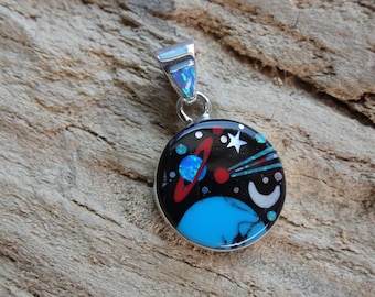 Galaxy Micro Inlay Mother Earth Night Sky Nice Smaller Pendant Handcrafted Multi Gemstone Sterling Silver 925 Free Shipping Gift Bag BC90