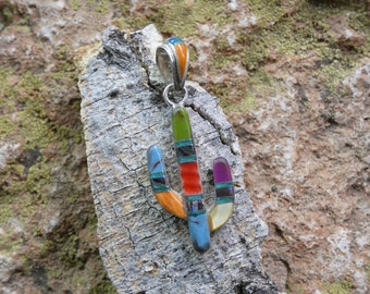 Multi Color Gemstone & Mother Of Pearl Saguaro Cactus Beautiful Micro Inlay Sterling Silver 925 Handcrafted Pendant Free Ship Gift Bag R65