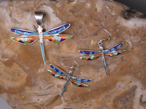 Dragonfly Sterling Silver Multi Gemstone & Opal 3 pc Pendant & Earrings Set S23 