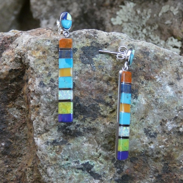 Nice Vibrant Multi Gemstone Mix Sterling Silver 925 With White Opal Handcrafted Southwestern Post Earrings Free Shipping Gift Bag NEW K36