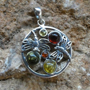 Dragonfly Duo Multi Color Brown Yellow Green Amber Gemstone Sterling Silver 925 Pendant Handcrafted Free Shipping In USA Gift Bag New H78