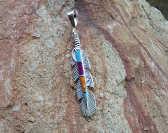 Southwestern Handmade Feather Sterling Silver 925 Vibrant Mixed Gemstones and Opal Pendant Handcrafted In The USA New Free Shipping Gift Bag