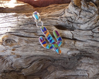 Saguaro Cactus Sterling Silver 925 Mixed Gemstone Highlighted With Opal Southwestern Pendant Handcrafted In The USA New Free Shipping in USA