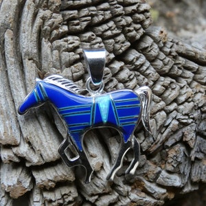 Horse Pony Stallion Southwestern Western Sterling Silver 925 Beautiful Blue Lapis Lazuli & Opal Unisex Pendant Free Shipping Gift Bag K92